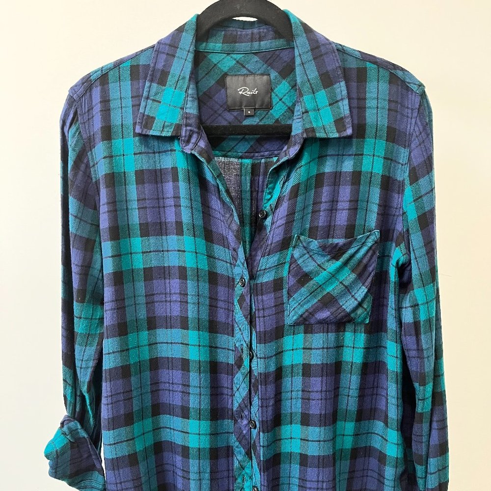 Rails blue and teal plaid button down | size S